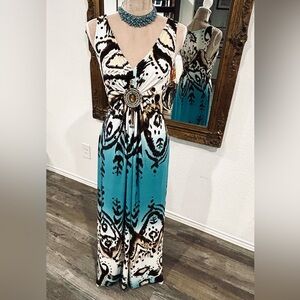 Island vibes turquoise exotic print beaded crystal accent maxi dress Sz 14